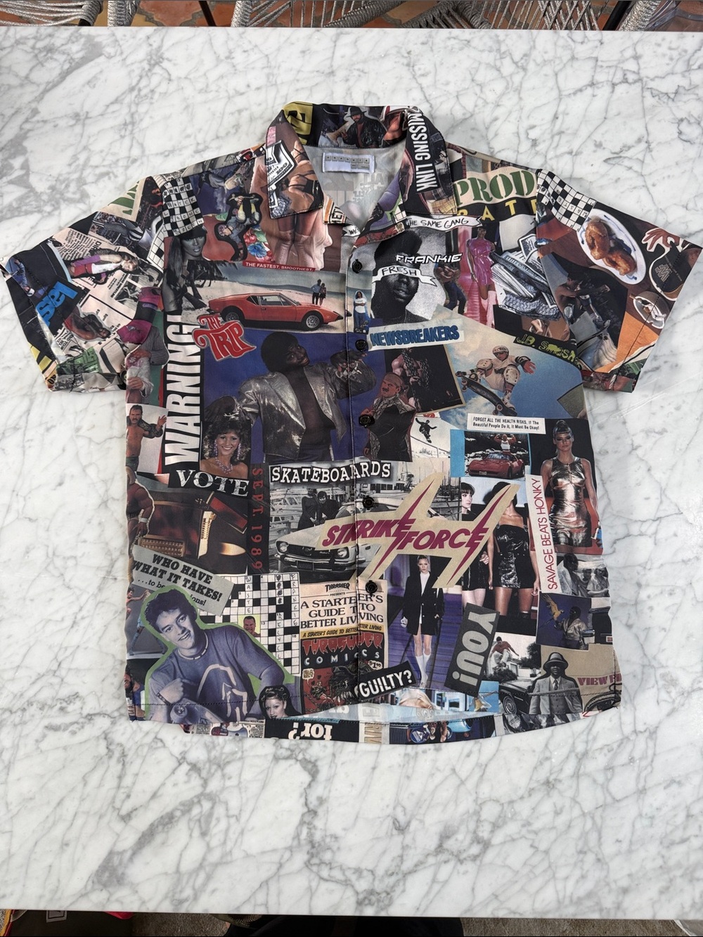 Frankie Collective F1 Knock Out 90’s Magazine Collage Button Down Shirt Sz M
